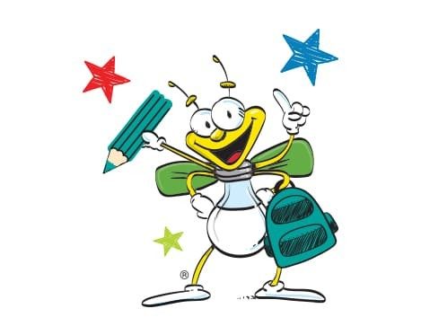 Louie the lightning bug holdng a pencil and backpack