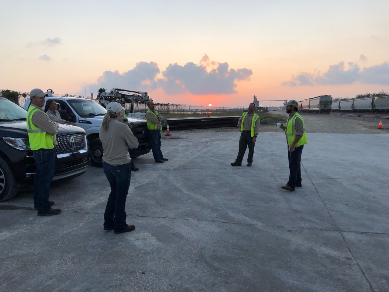 Mississippi Power storm team members hold a Safety briefing Monday morning.