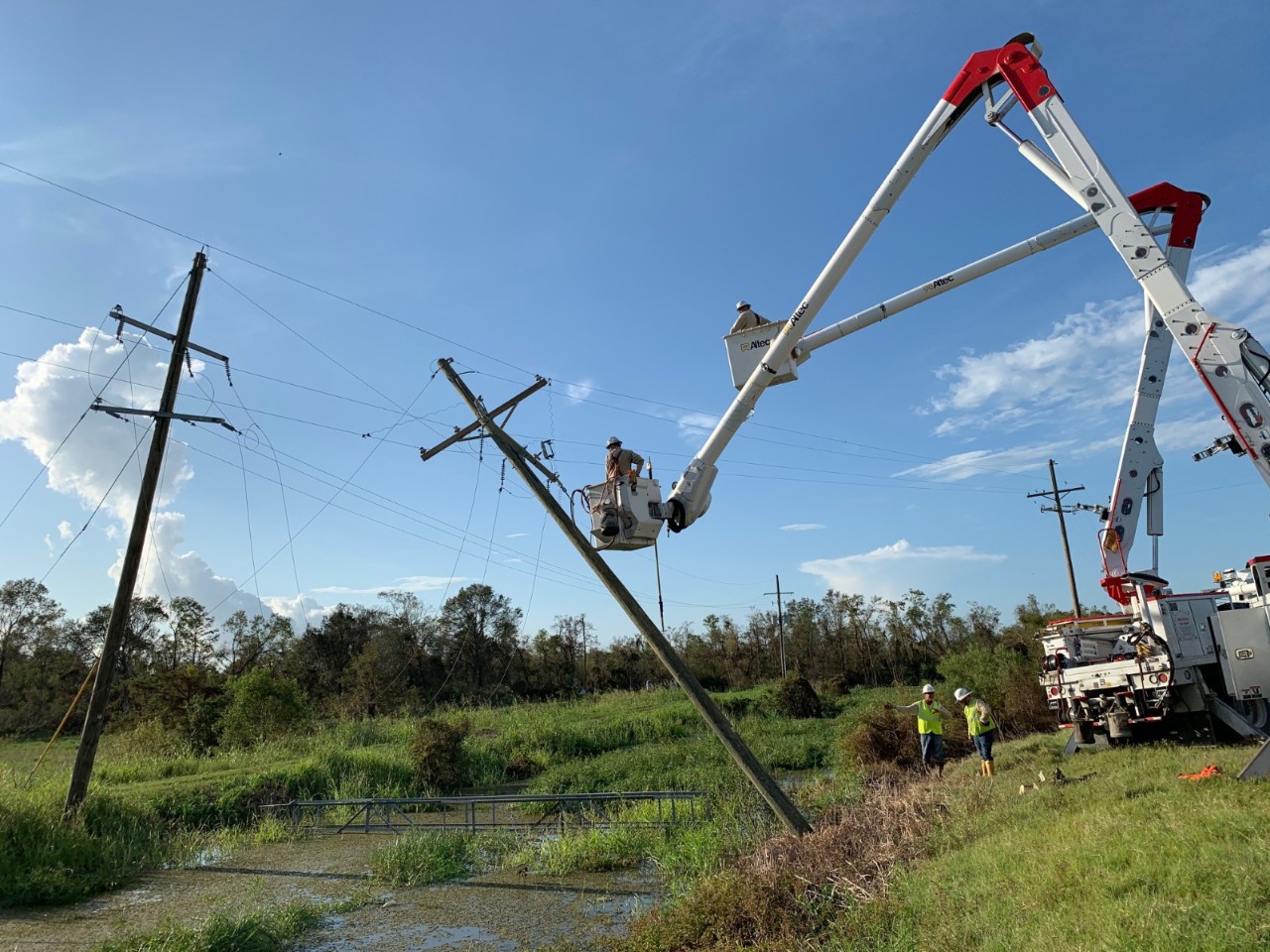 Mississippi Power crews work near Jennings, La., in the Hurricane Laura restoration effort.