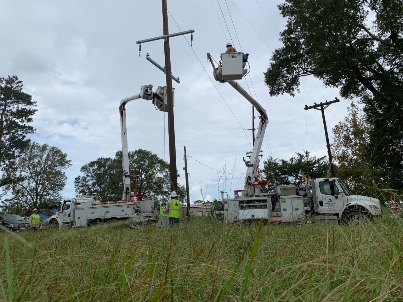 Mississippi Power crews work near Jennings, La., in the Hurricane Laura restoration effort.