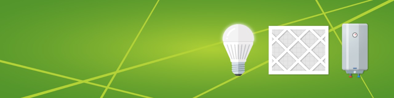 green graphic with Led light bulb, air filter and water heater