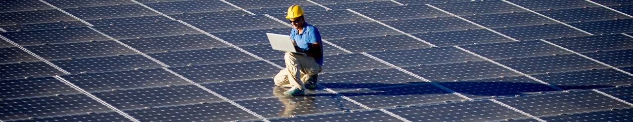 Employee with laptop checking on solar panels